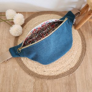 Sac Banane personnalisable Velours côtelé bleu canard et imprimé fleuri