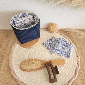 Lingettes lavables avec pochon de rangement Velours côtelé bleu marine et imprimé fleuri