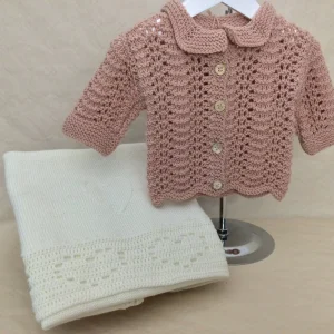 Coffret Gilet et couverture bébé ANGE – Rose