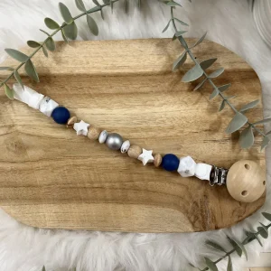 Attache tétine sans prénom –  bleu marine et blanc marbré- sécurisé et unique