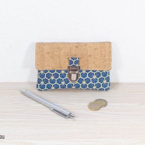 Portefeuille femme compact Simili cuir liège Tissu imprimé fleuri bleu