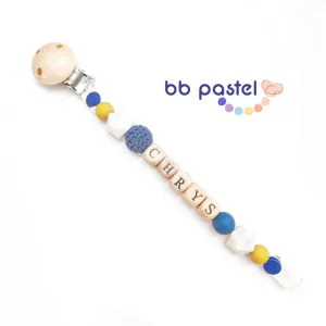 Attache tétine bleu marine et jaune moutarde